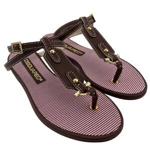 New Dsquared 2 Women 6 / 36 Sandals Brown Leather Flat Ankle Gold T-Strap Shoes